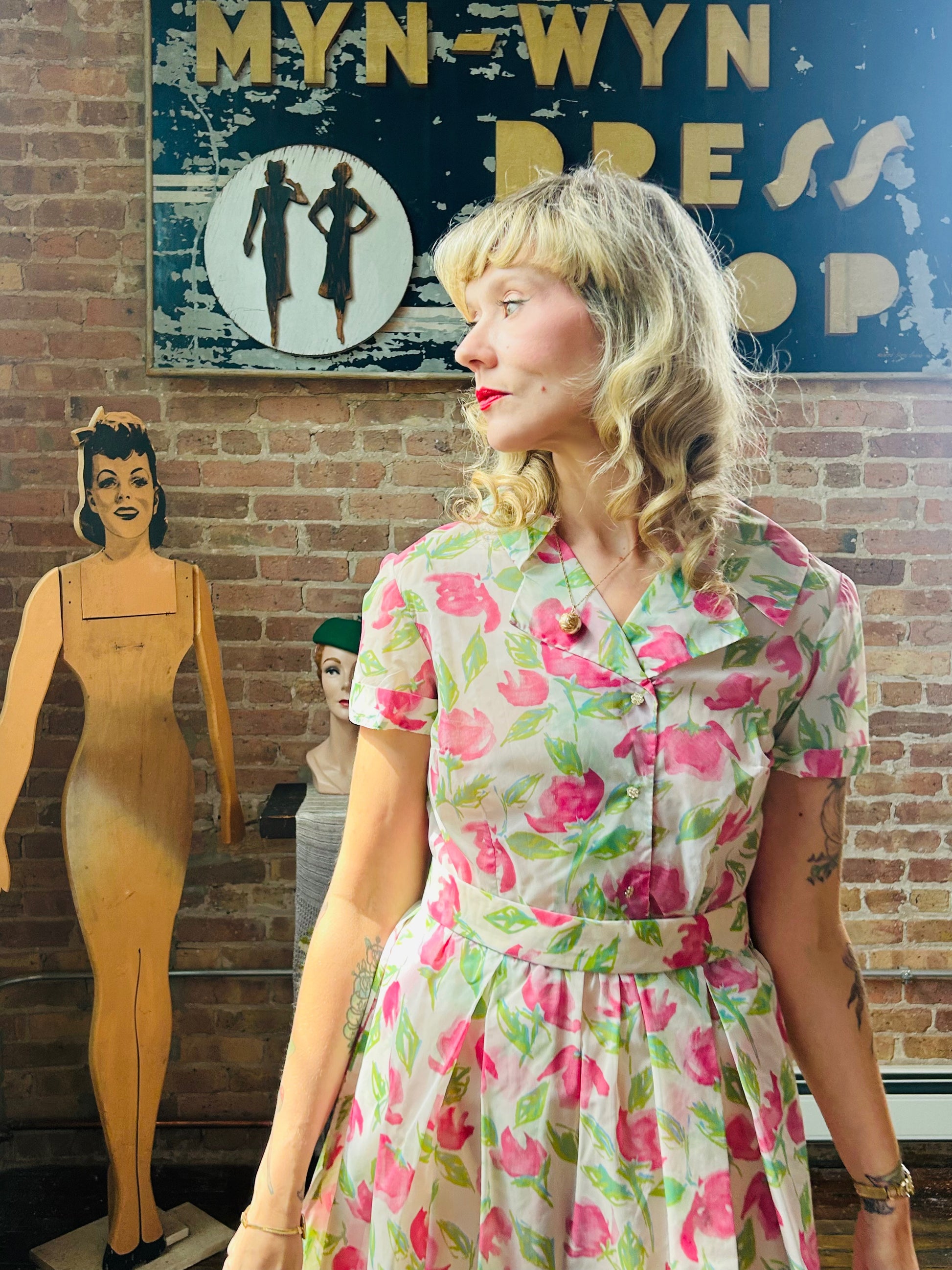 1950s Pink Flower Semi Sheer Dress - Medium