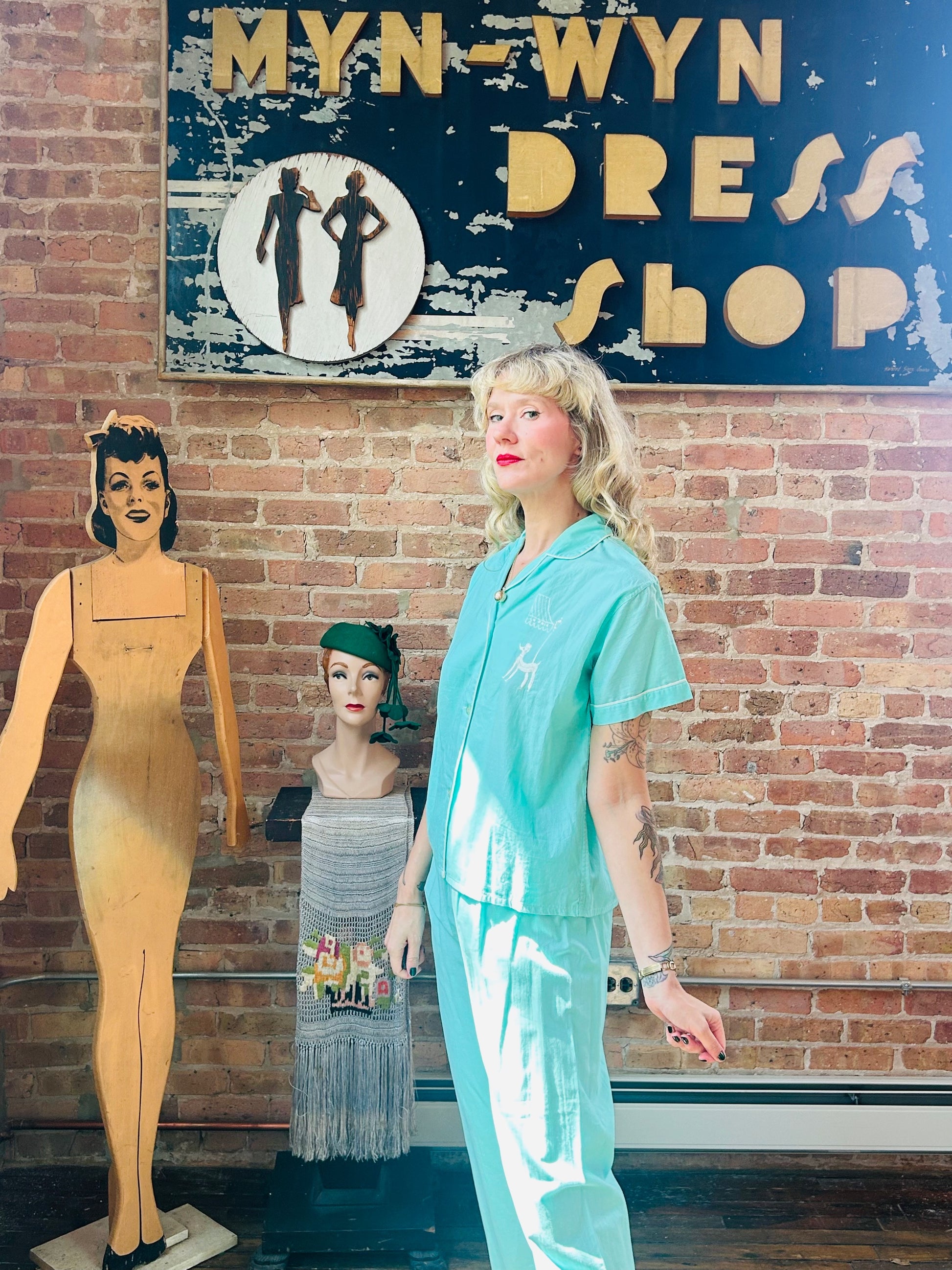 1950s Teal Poodle 2pc Pj Pant Set - S/M