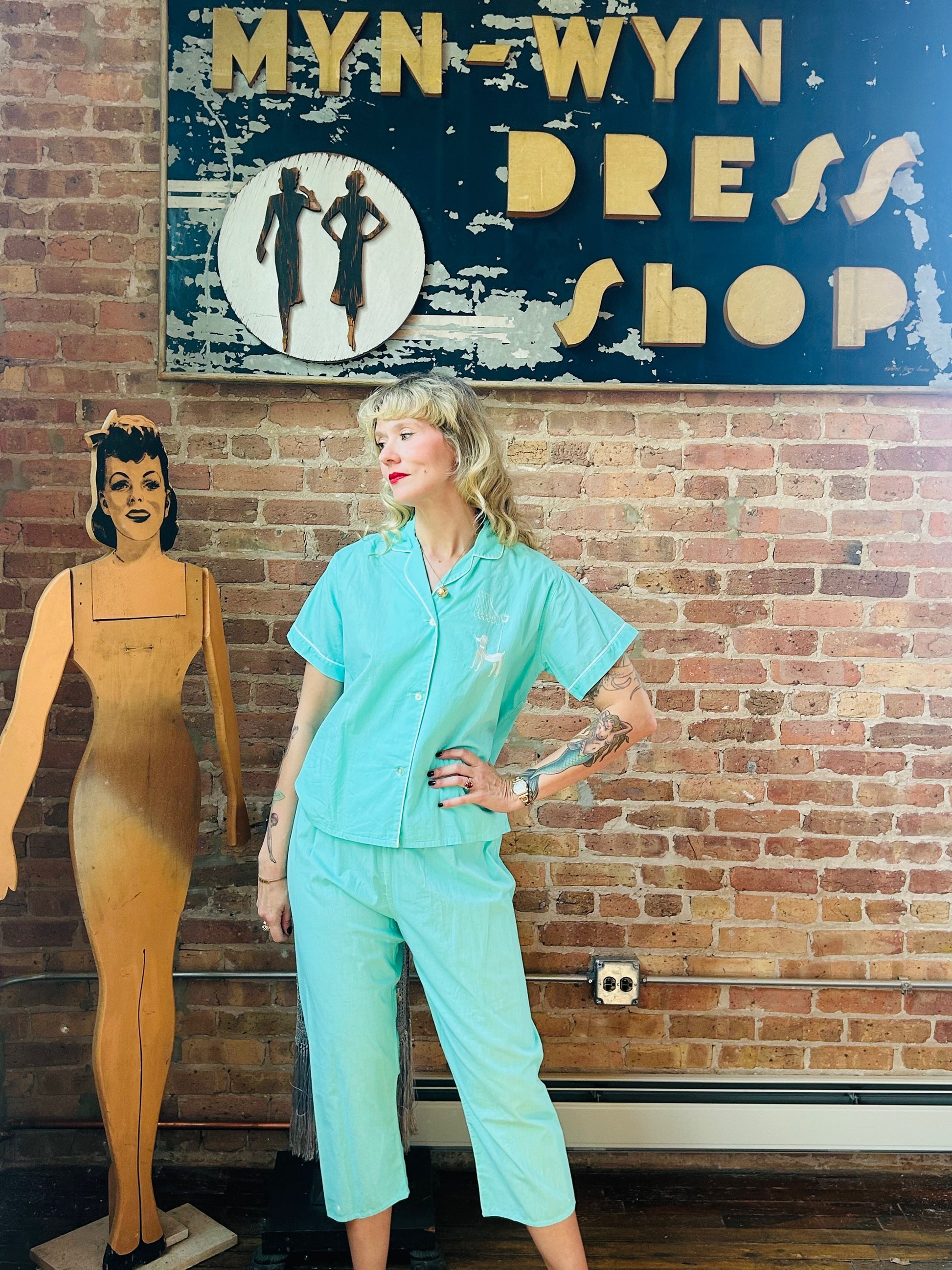 1950s Teal Poodle 2pc Pj Pant Set - S/M