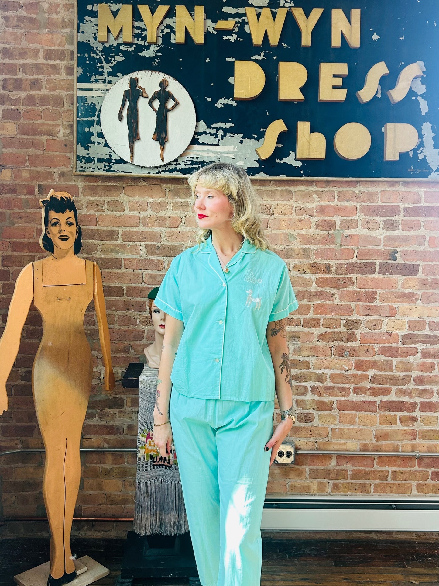 1950s Teal Poodle 2pc Pj Pant Set - S/M