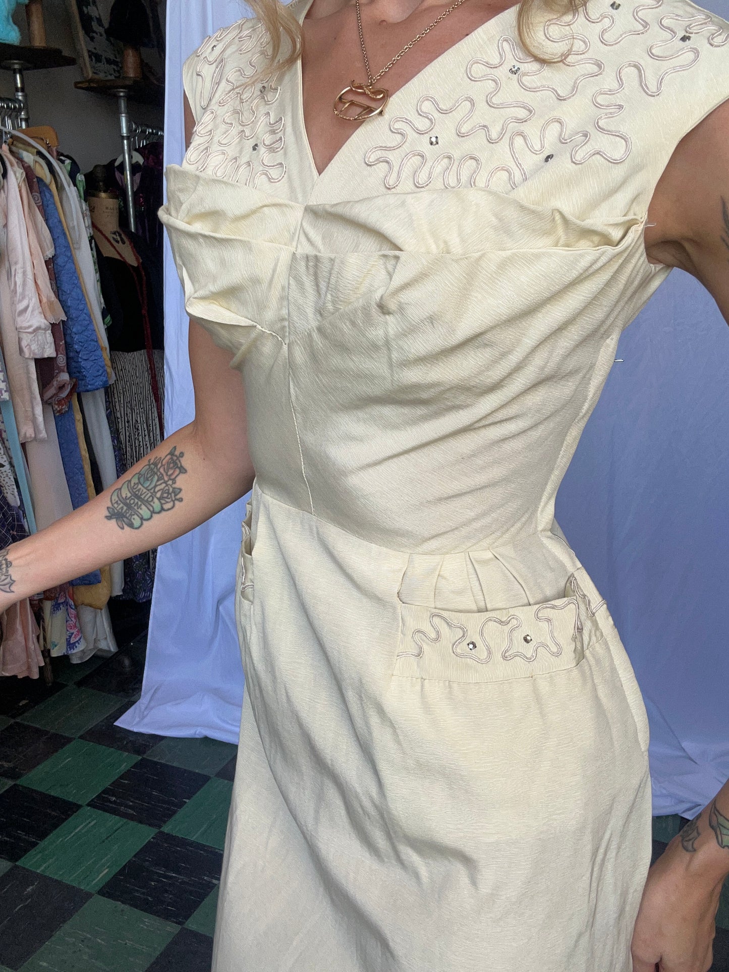 1950s Petite Ivory Silk Cocktail Dress - Small