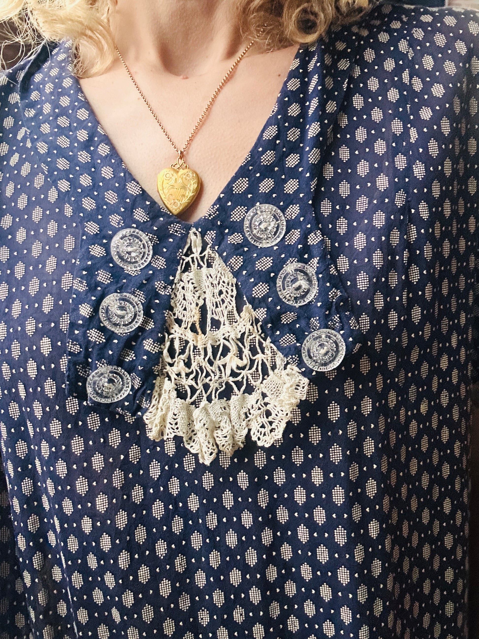 1920s Swiss-dot Cotton Blue Day Dress - XL