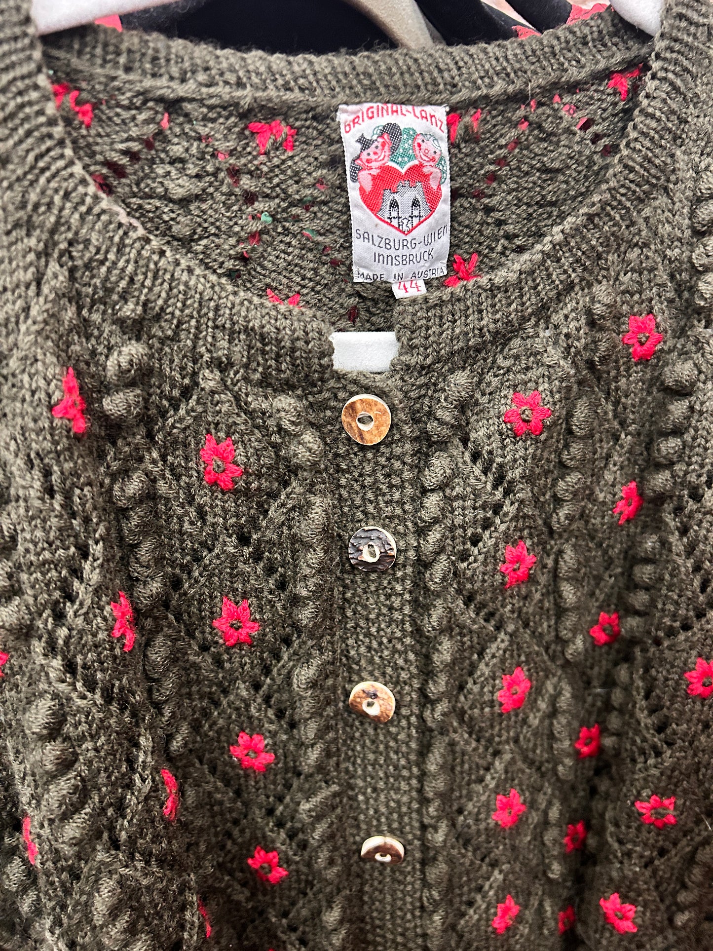 1980s Austrian Knit Green & Red Puff Sleeve Sweater - M/L