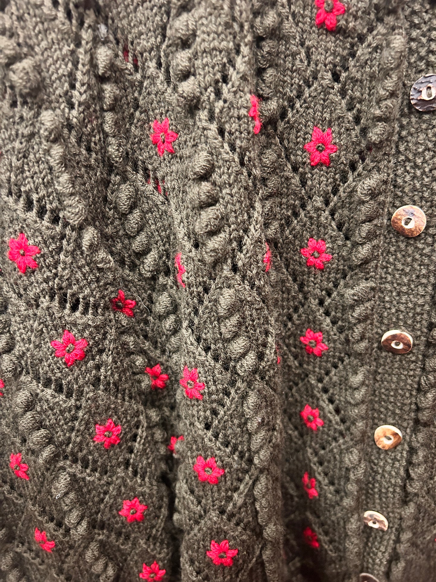 1980s Austrian Knit Green & Red Puff Sleeve Sweater - M/L