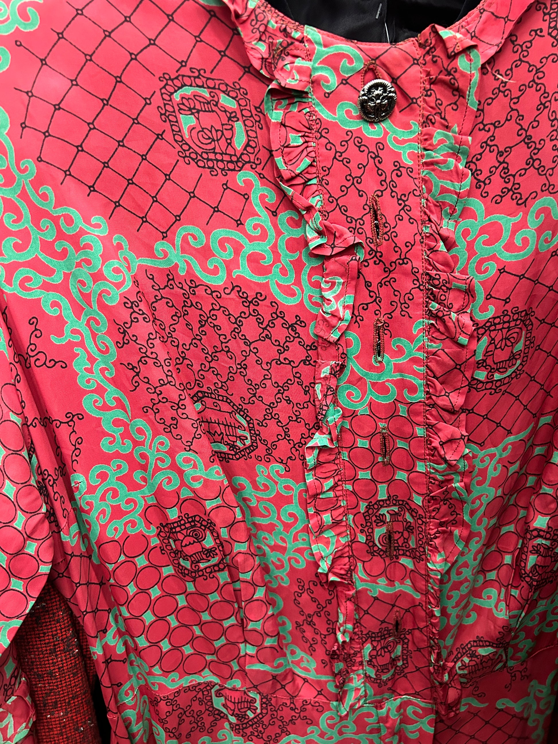 1940s Red & Green Cold Rayon Dress - Large