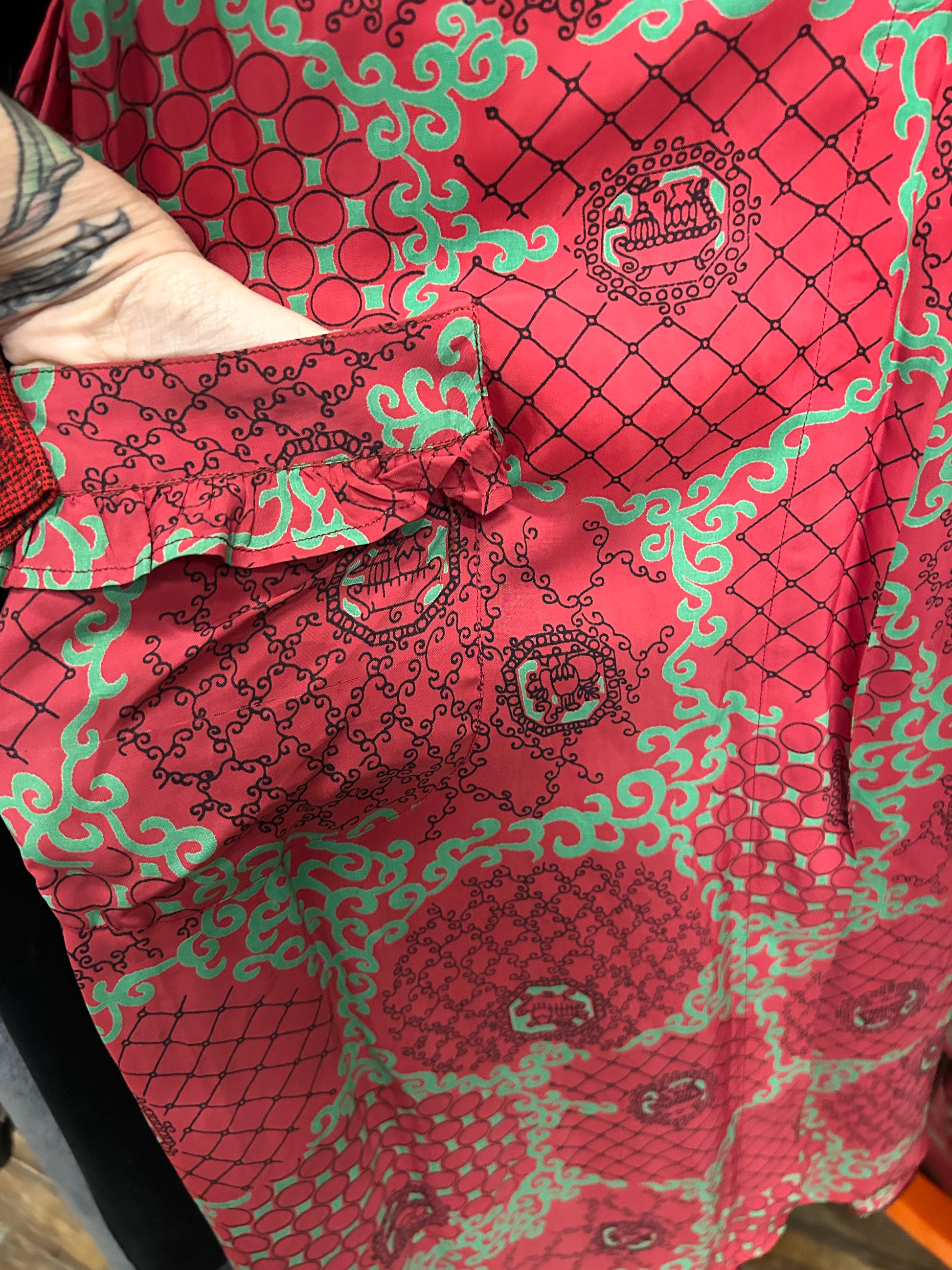 1940s Red & Green Cold Rayon Dress - Large