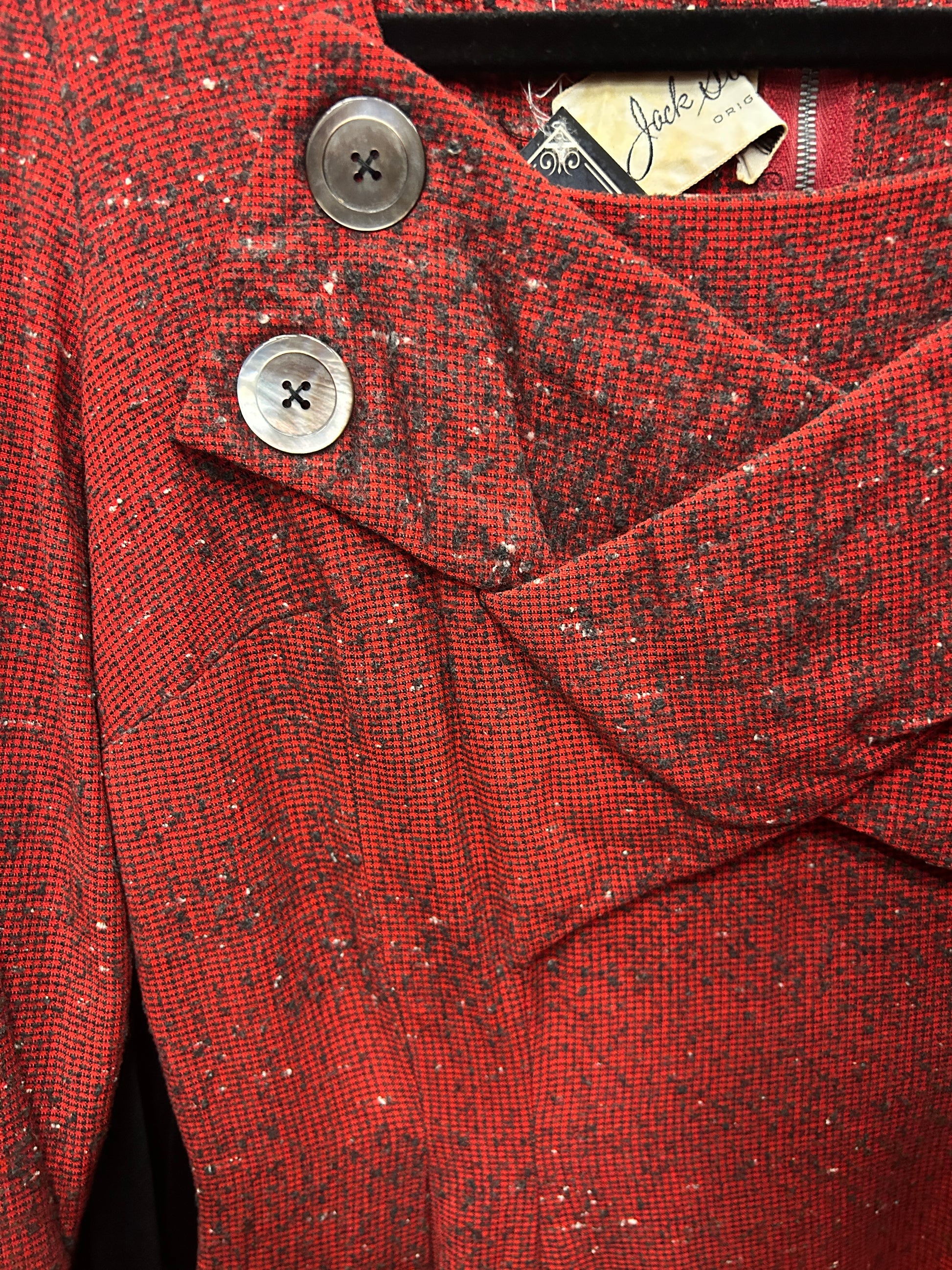 1950s Salt n Pepper Red Wool Wiggle Dress - Small Petite