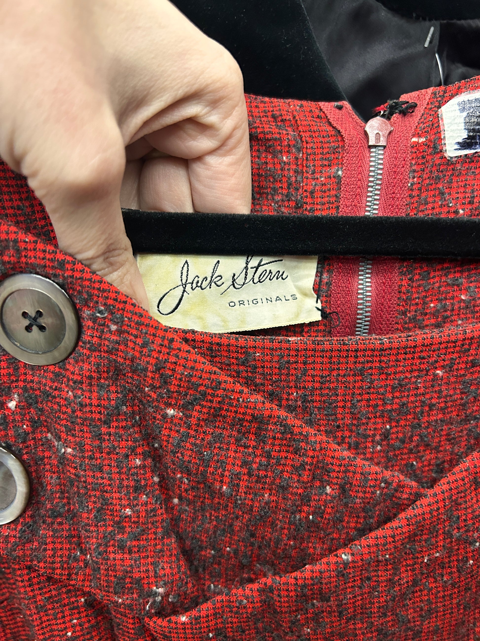 1950s Salt n Pepper Red Wool Wiggle Dress - Small Petite