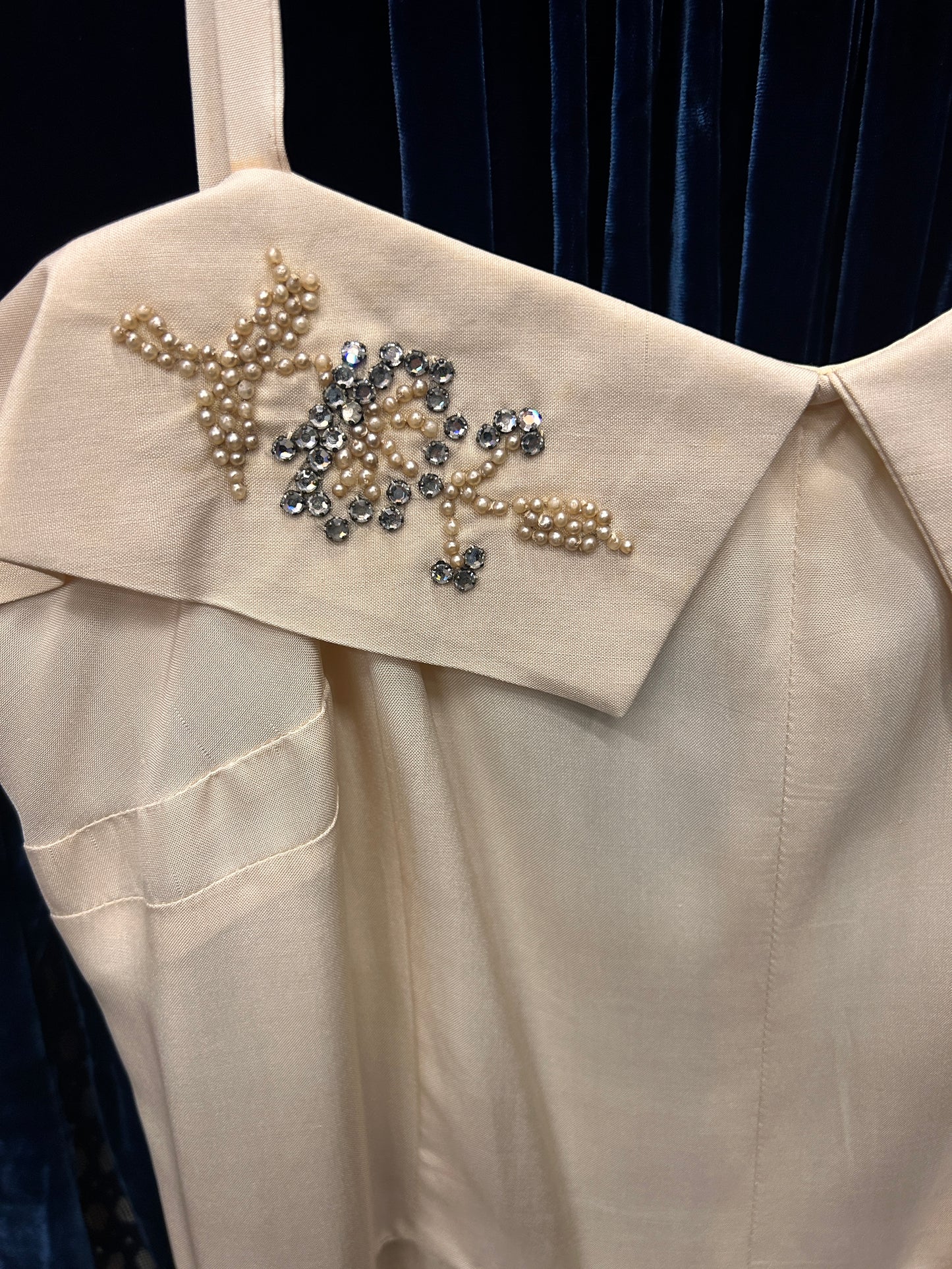 1940s Rayon Ivory Gown with Rhinestones & Pearls Gown - Medium