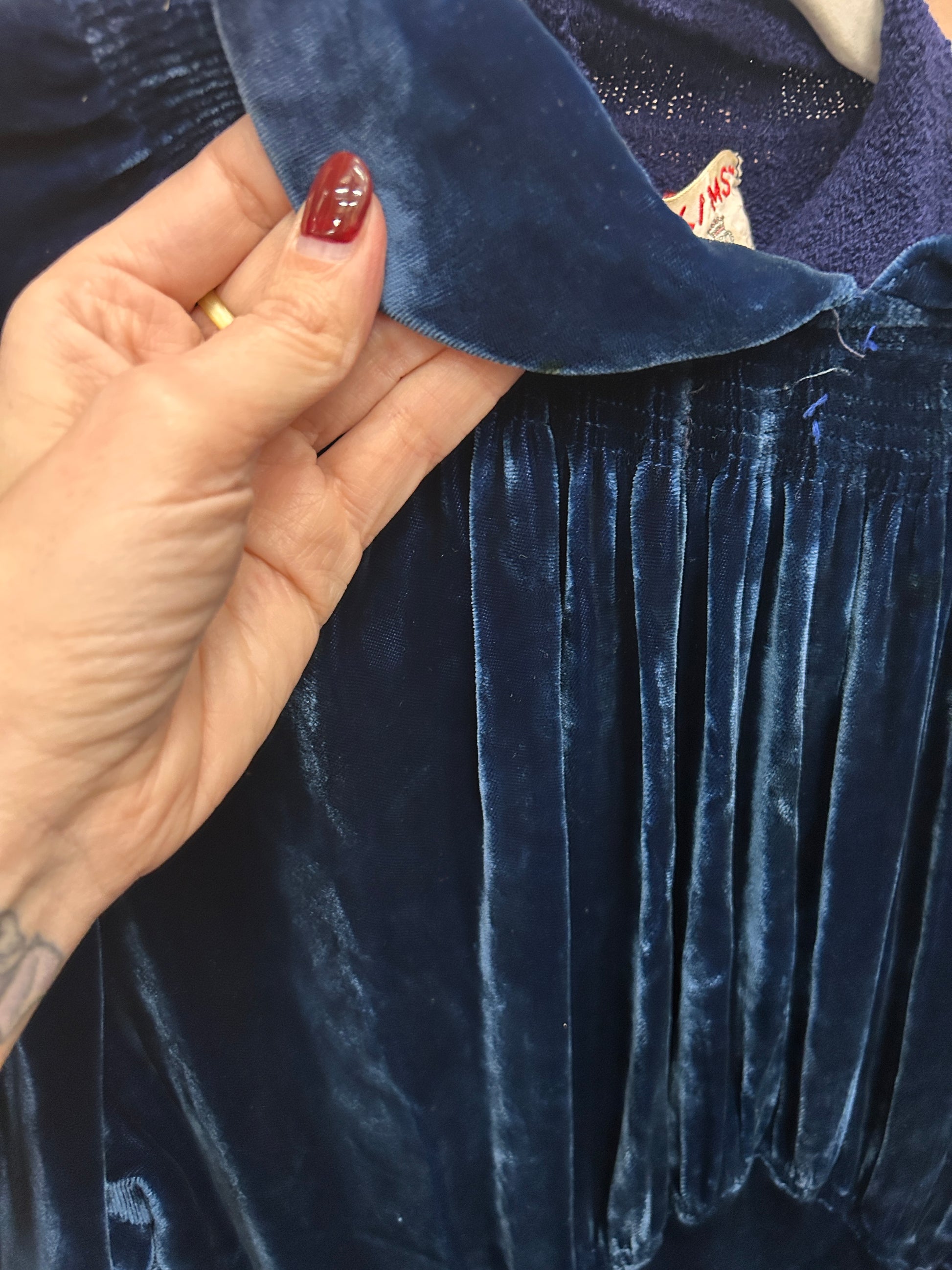 1930s Sapphire Long Sleeve Silk Velvet Gown - S/M