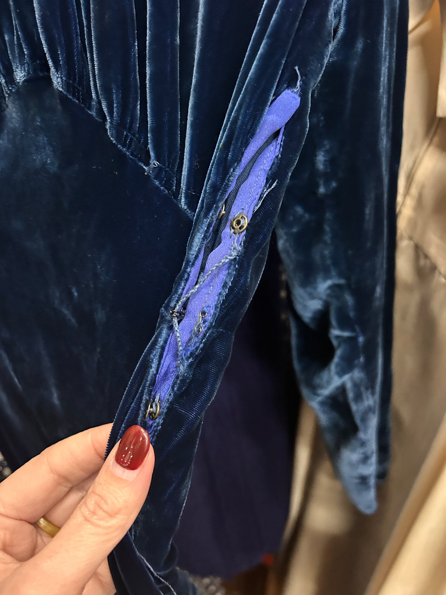 1930s Sapphire Long Sleeve Silk Velvet Gown - S/M