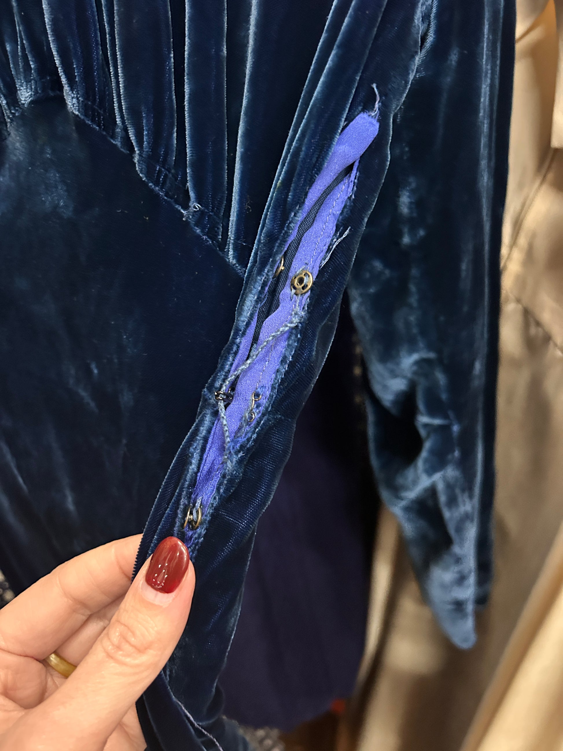 1930s Sapphire Long Sleeve Silk Velvet Gown - S/M