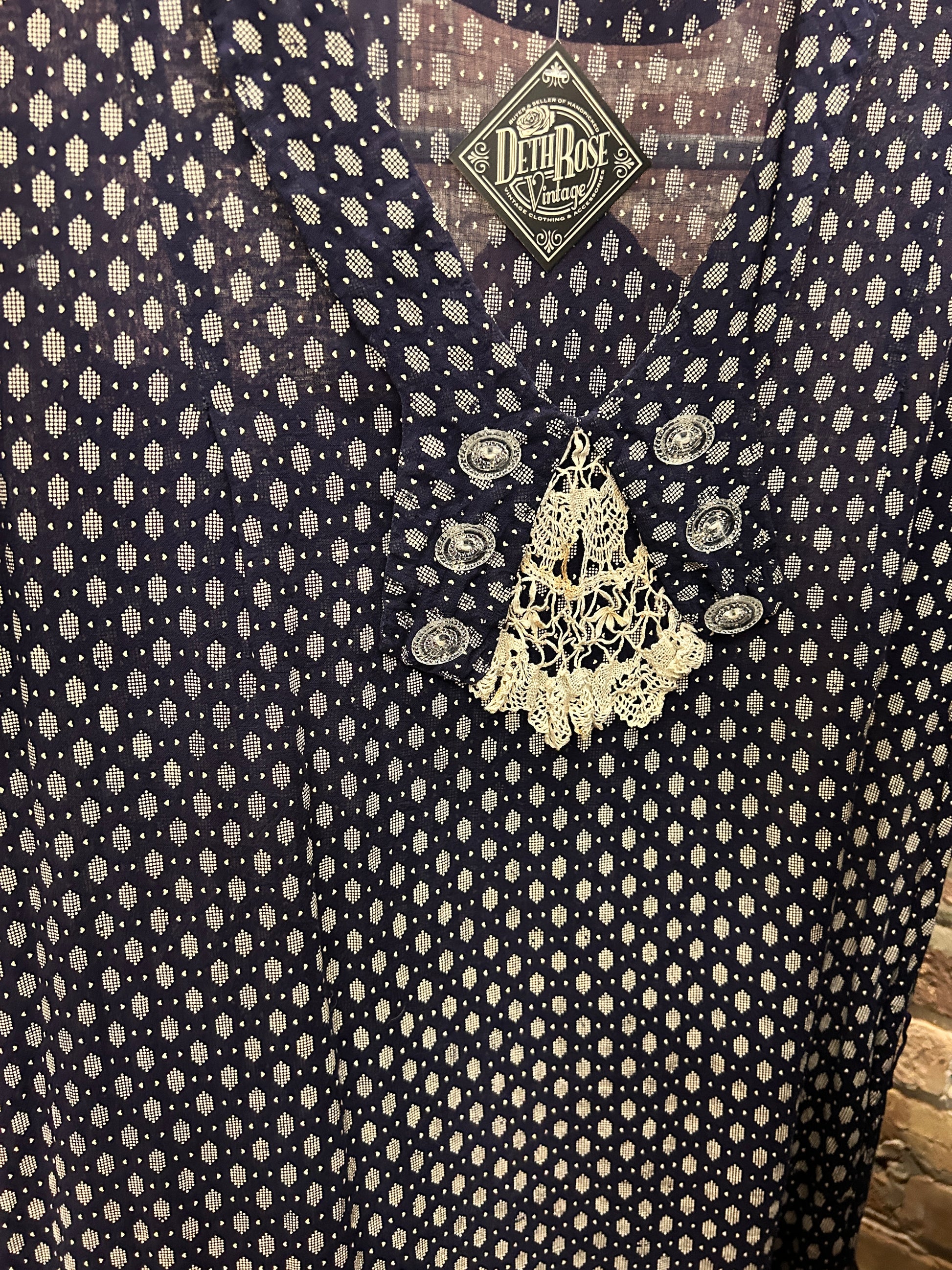 1920s Swiss-dot Cotton Blue Day Dress - XL