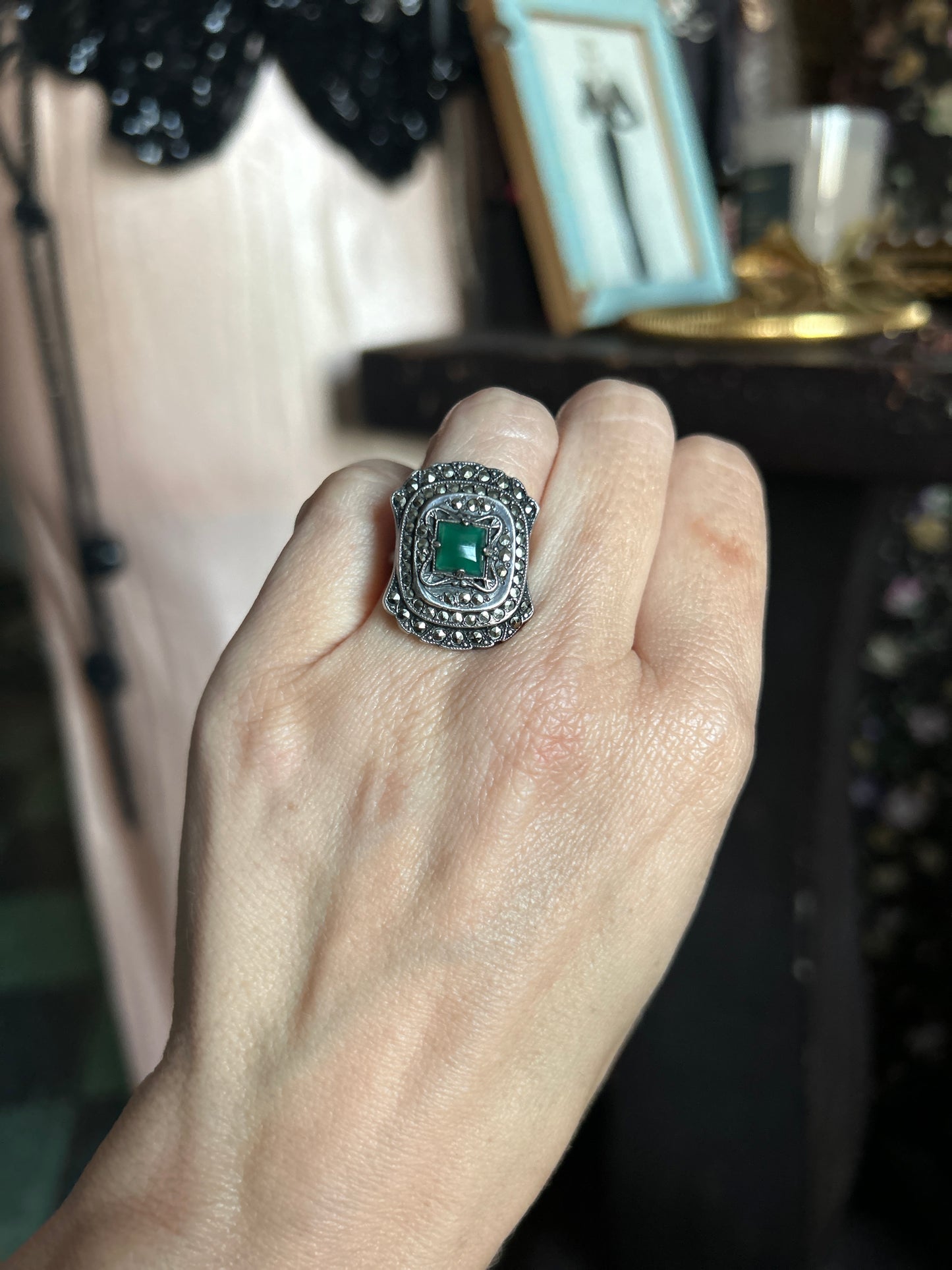 1940s Deco Marcasite & Green Gem Sterling Silver Cocktail Ring - 4.75