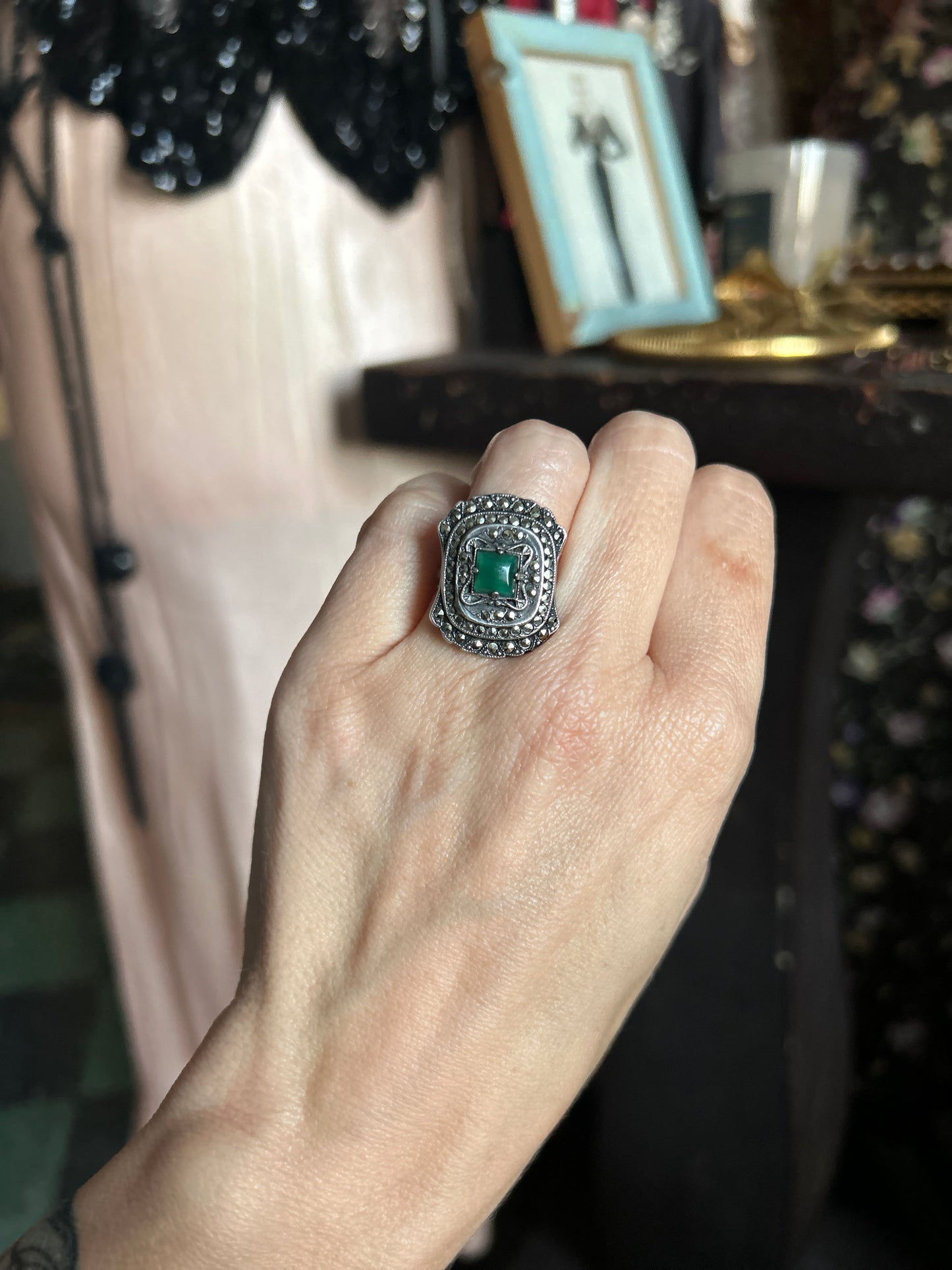 1940s Deco Marcasite & Green Gem Sterling Silver Cocktail Ring - 4.75