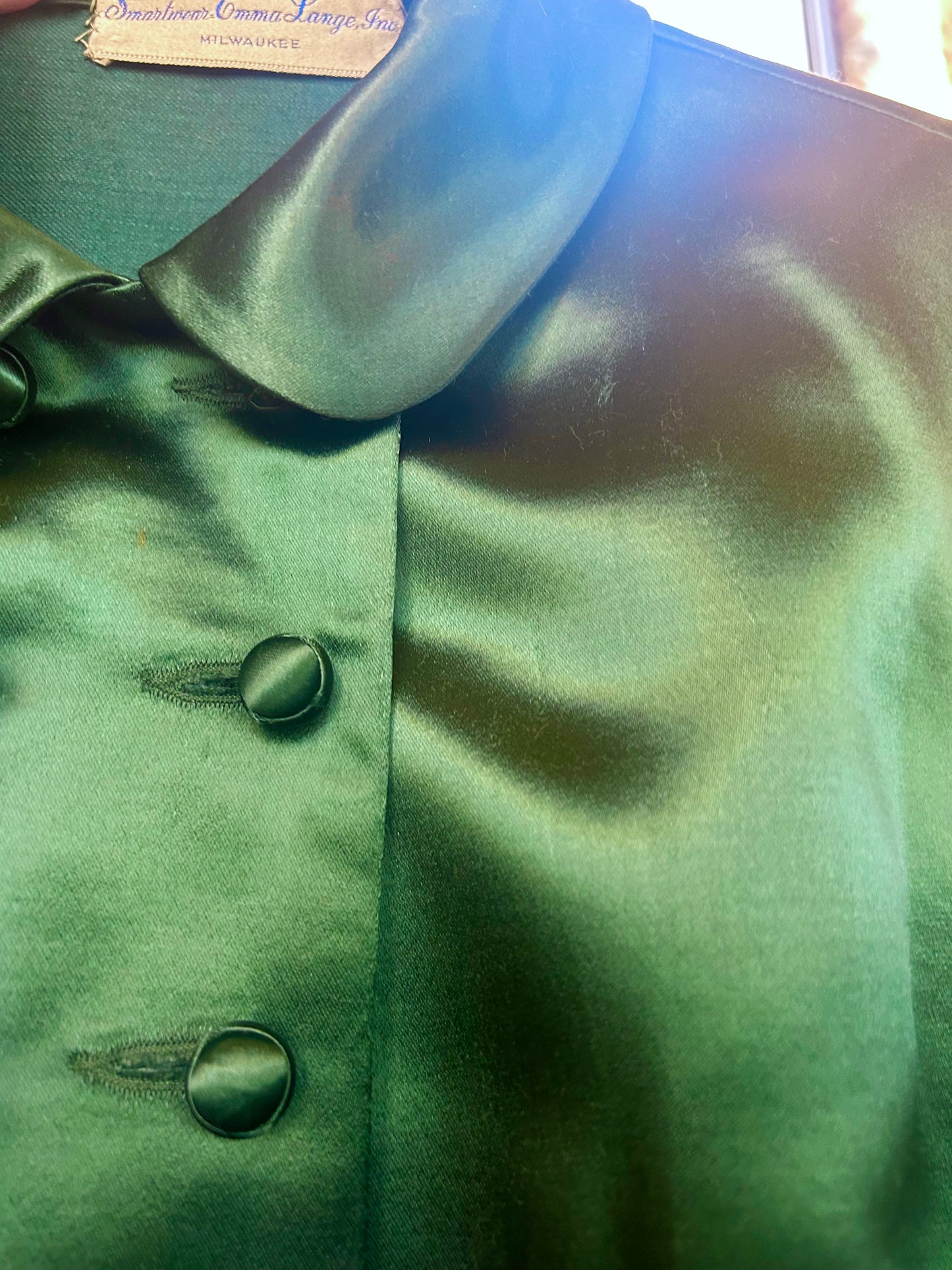 1950s Green Emma Lange Satin 2pc Swing Skirt Suit - Small