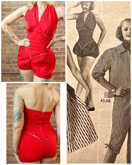 1950s Red Cotton Halter Playsuit - Small
