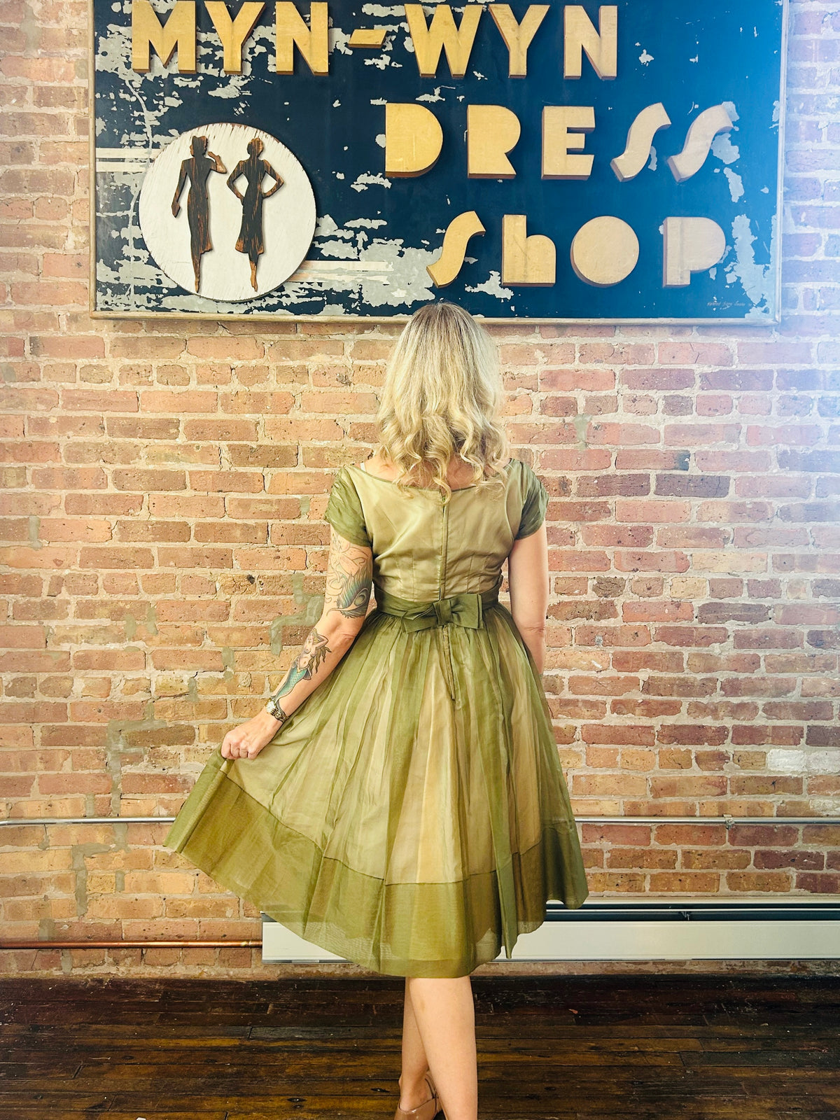 1950s Silk Green Floral Party Dress - Small 