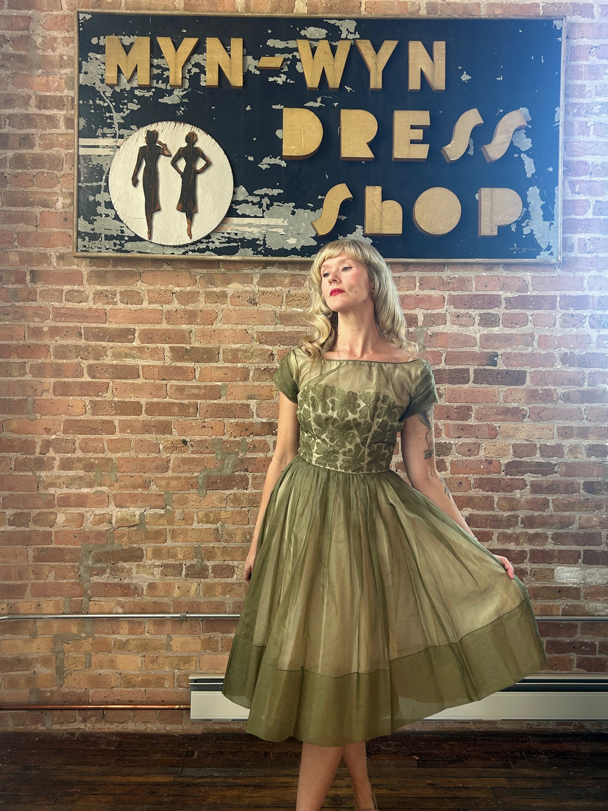 1950s Silk Green Floral Party Dress - Small 