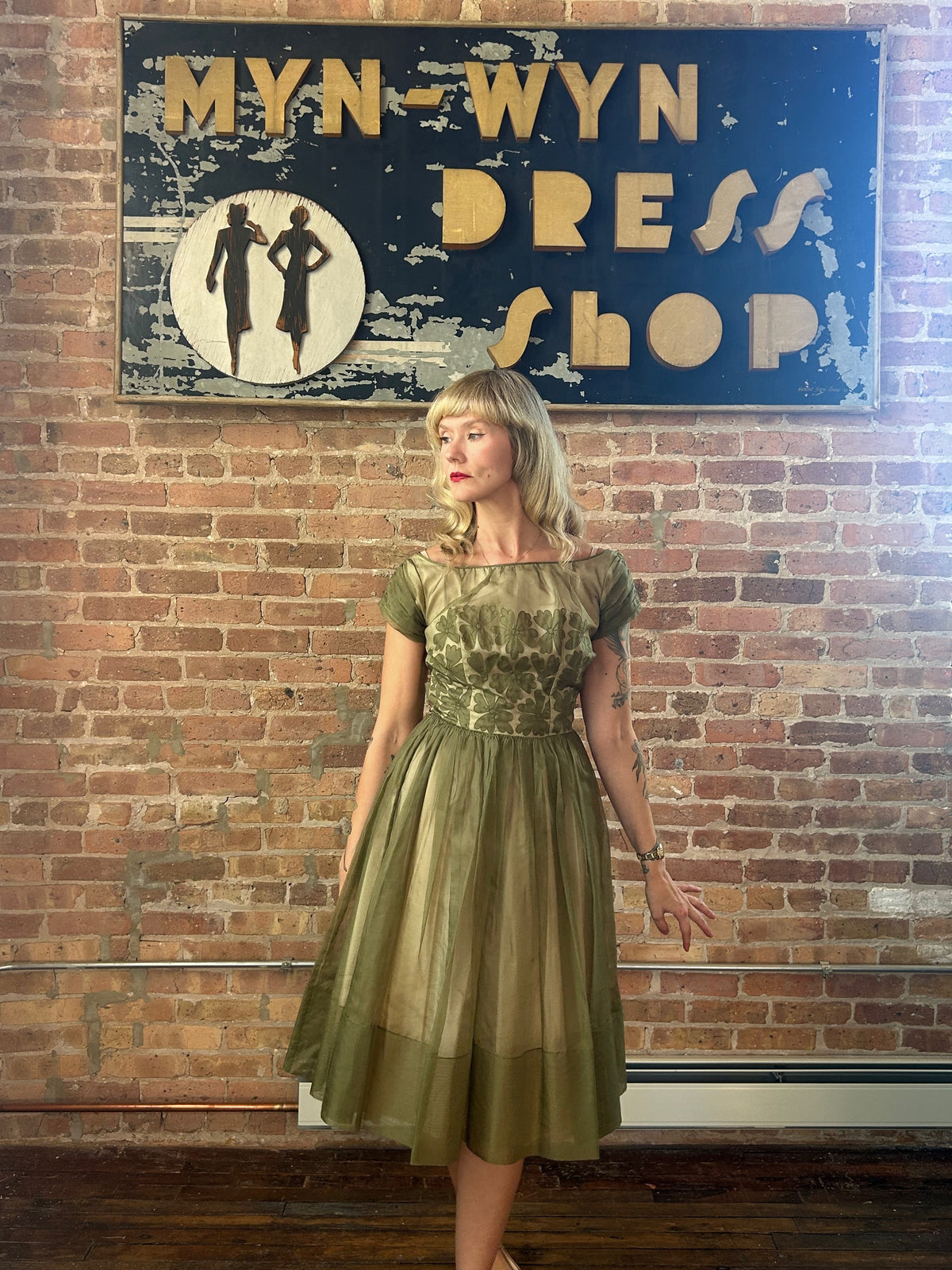 1950s Silk Green Floral Party Dress - Small 