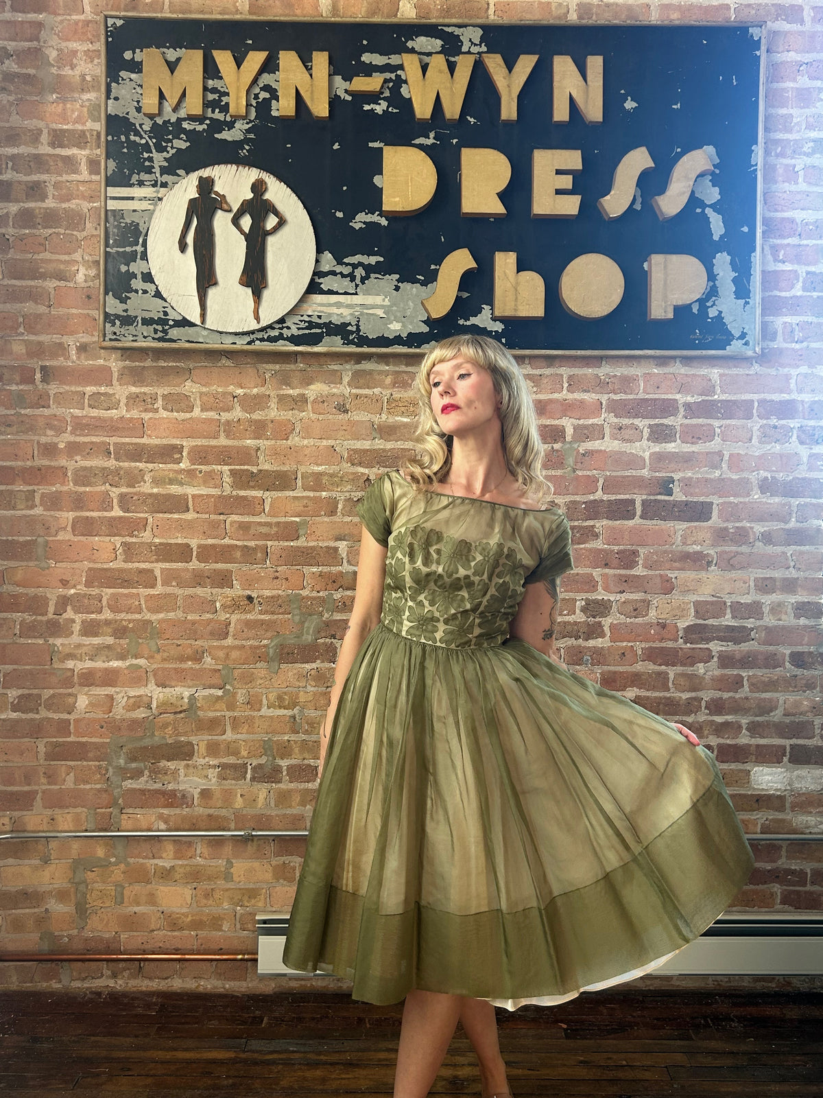 1950s Silk Green Floral Party Dress - Small 