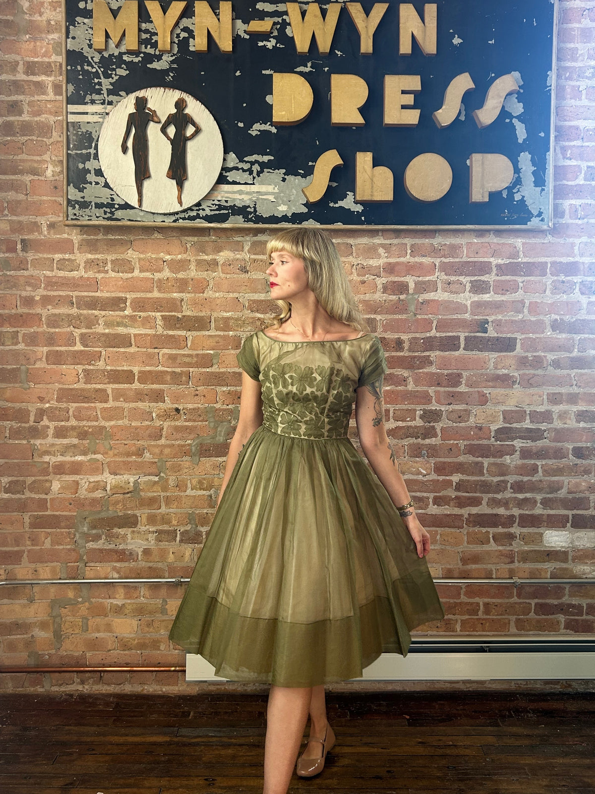 1950s Silk Green Floral Party Dress - Small 