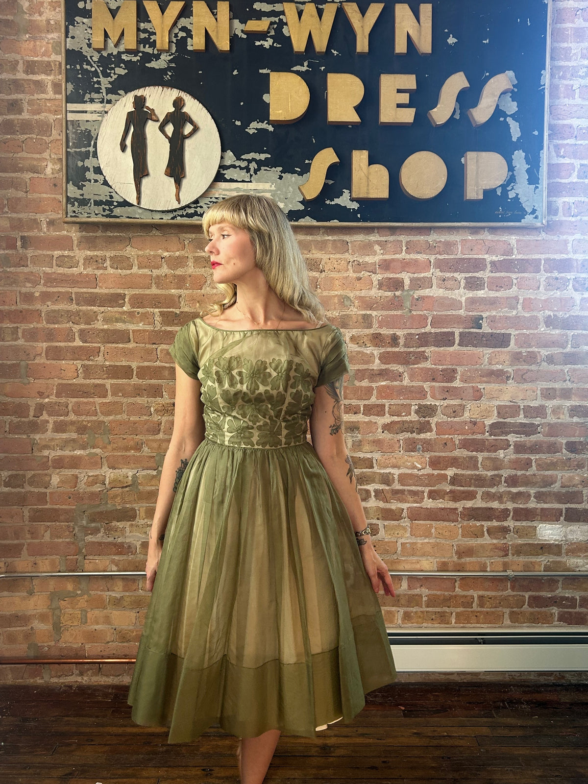 1950s Silk Green Floral Party Dress - Small 