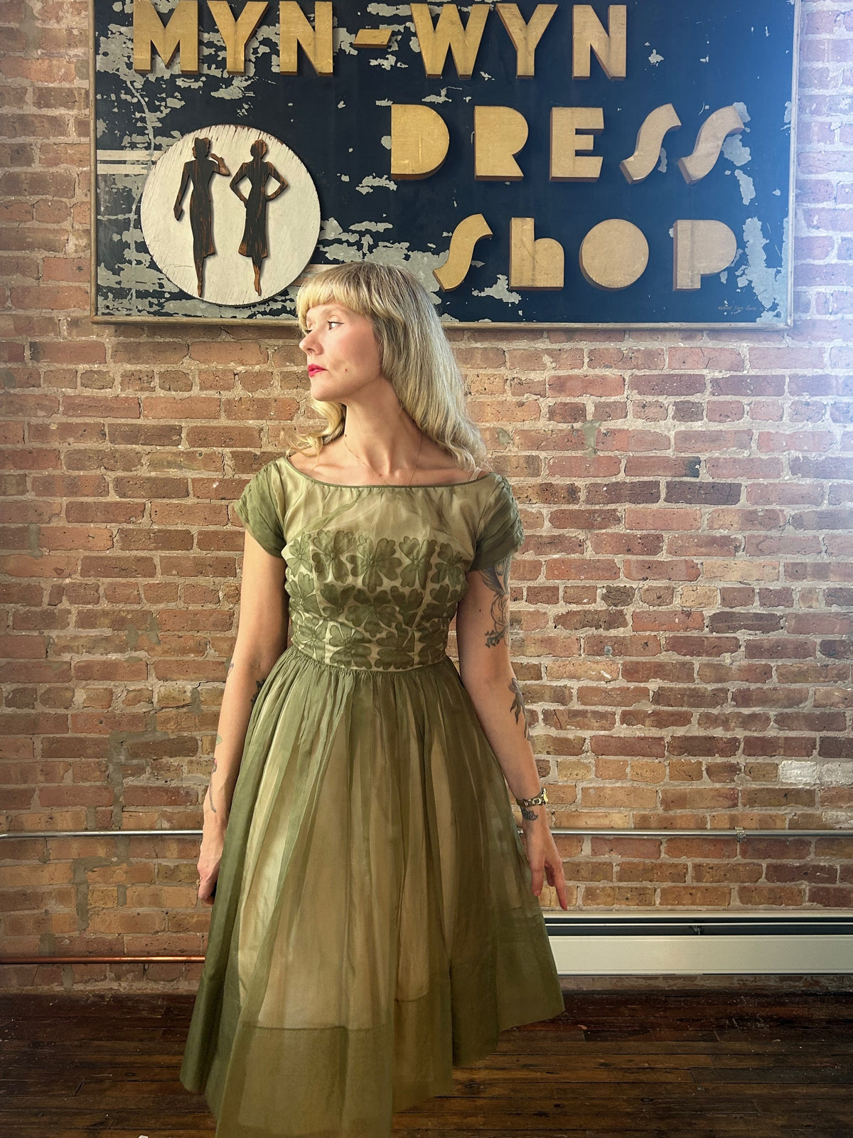 1950s Silk Green Floral Party Dress - Small 