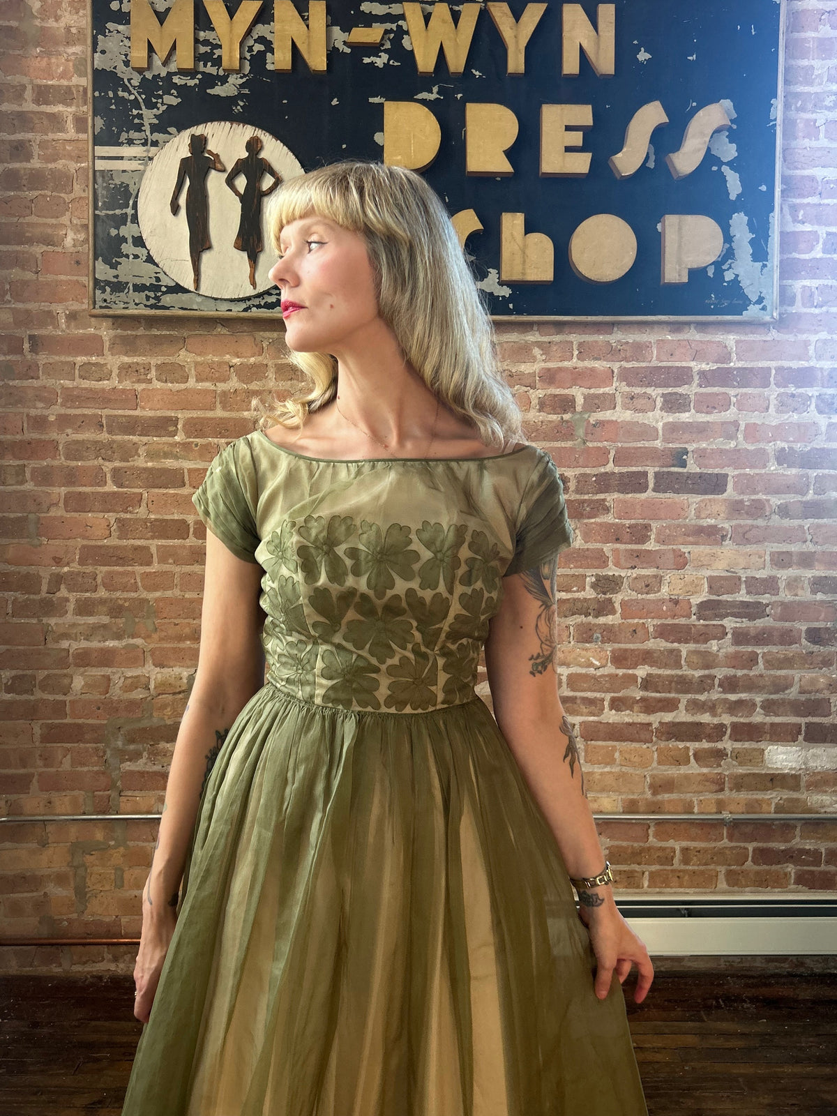 1950s Silk Green Floral Party Dress - Small 