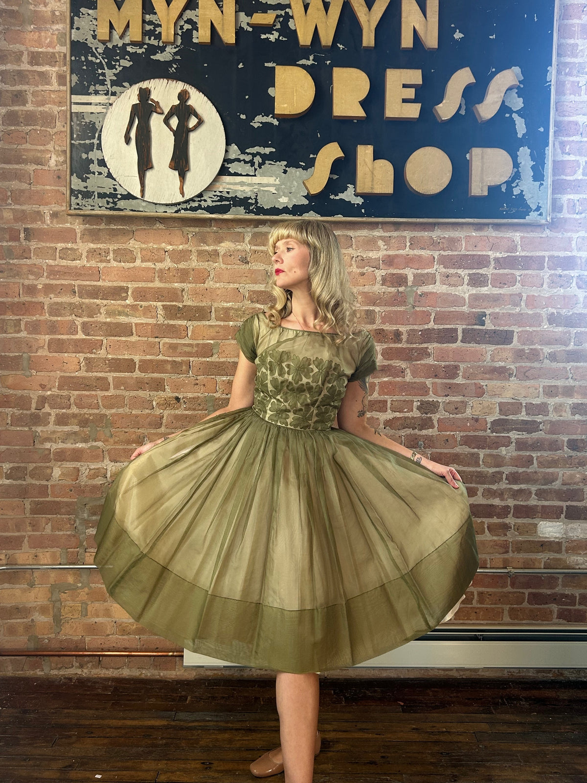 1950s Silk Green Floral Party Dress - Small 