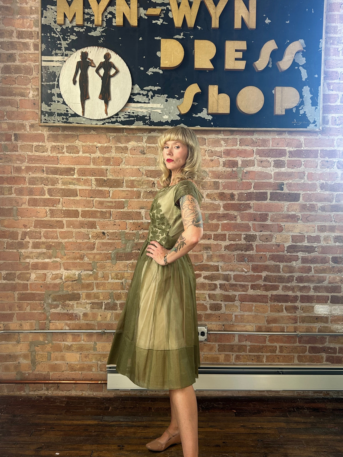 1950s Silk Green Floral Party Dress - Small 