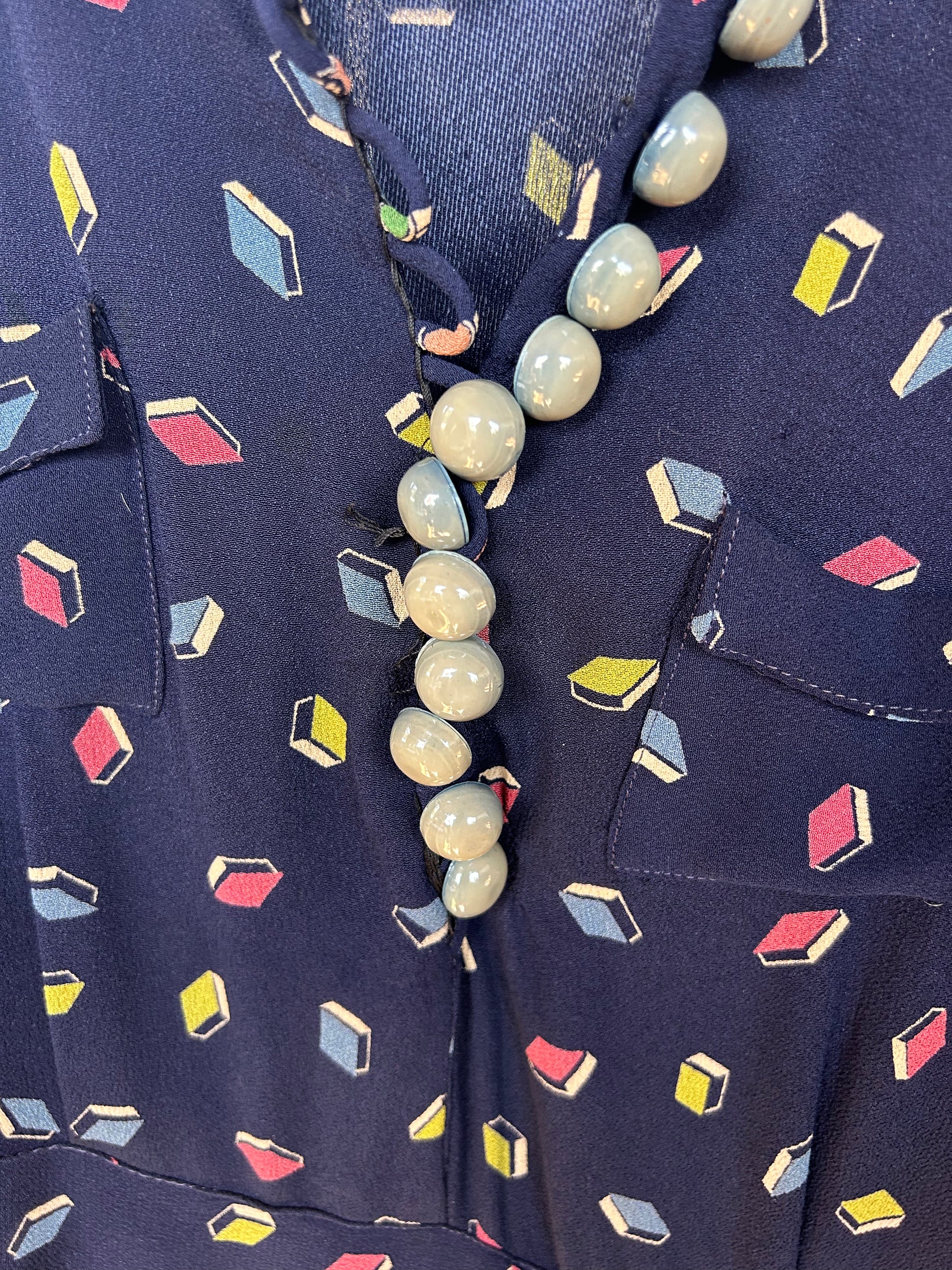 1930s Rayon Bright Geometric Print Dagger Collar Dress - Medium