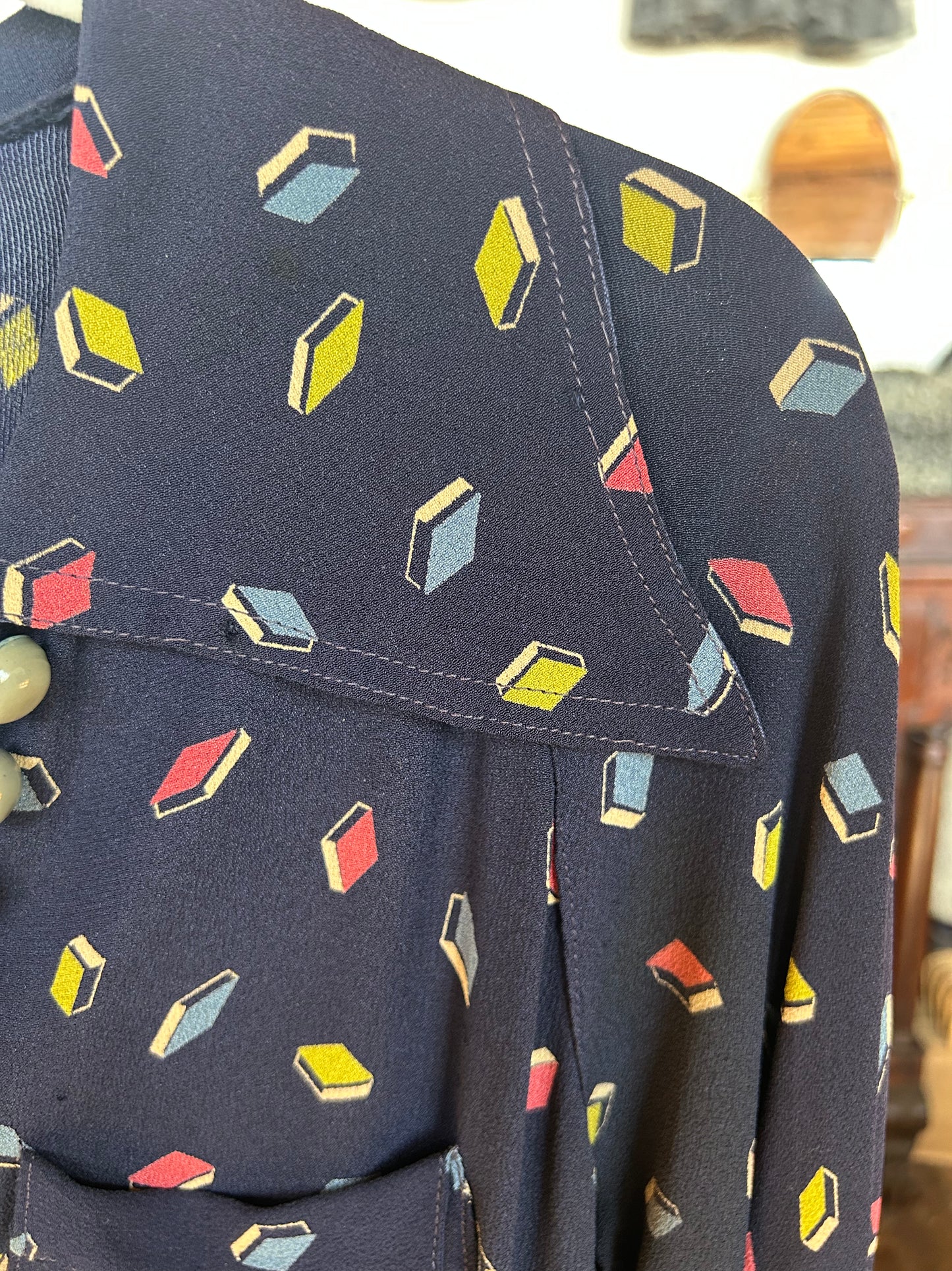 1930s Rayon Bright Geometric Print Dagger Collar Dress - Medium