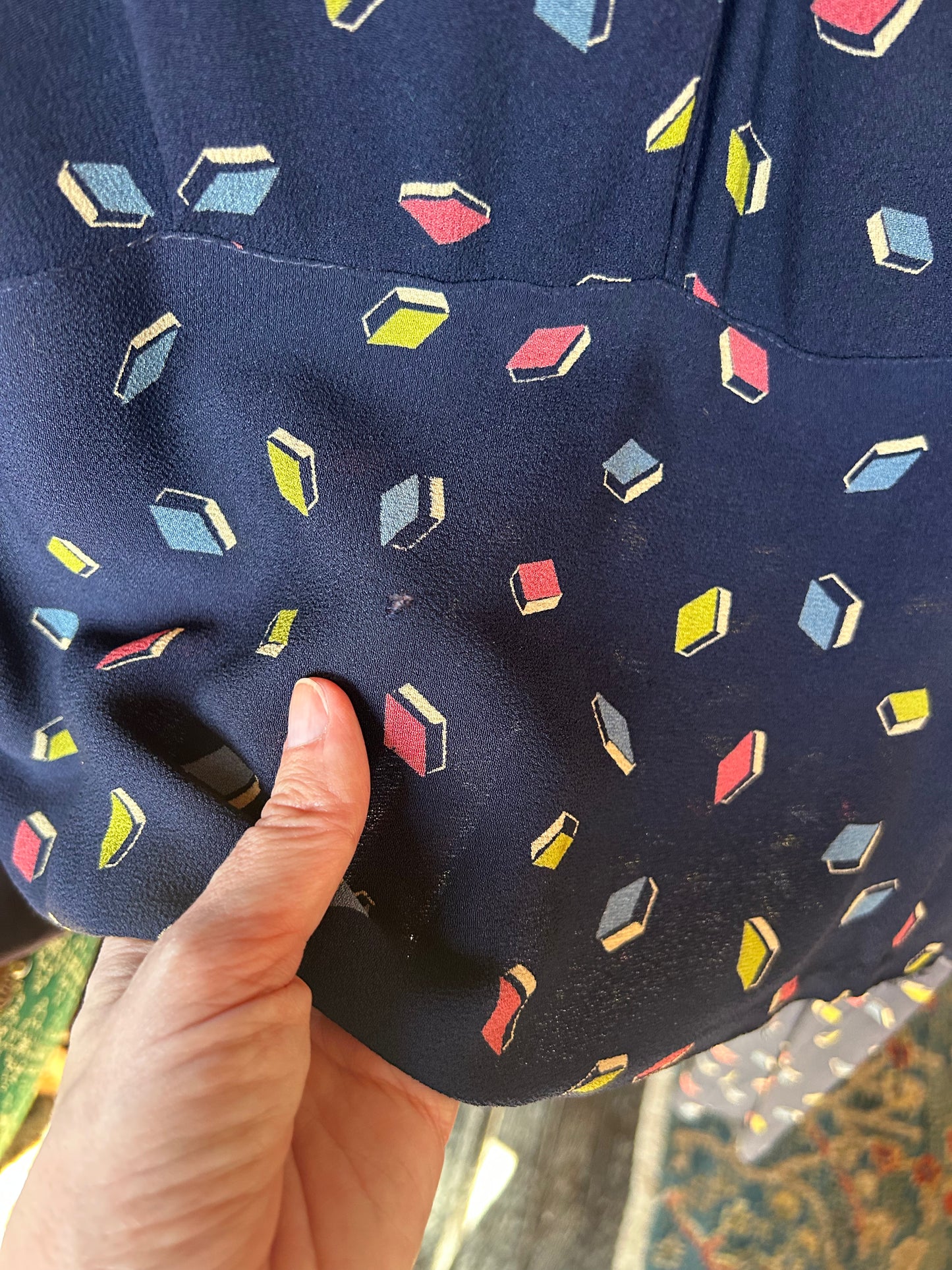 1930s Rayon Bright Geometric Print Dagger Collar Dress - Medium