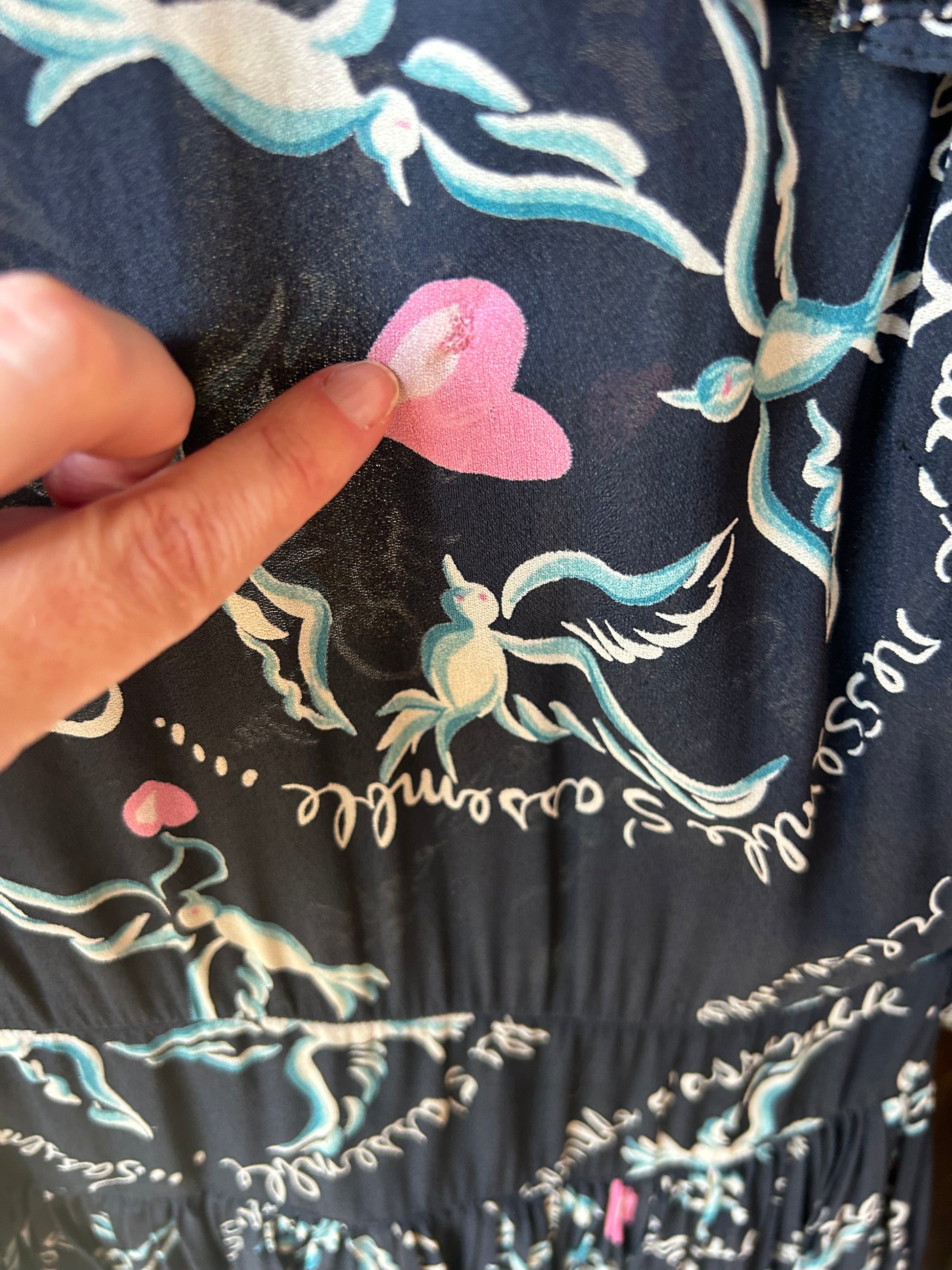 1940s French Love Birds Novelty Print Silk Dress - Small