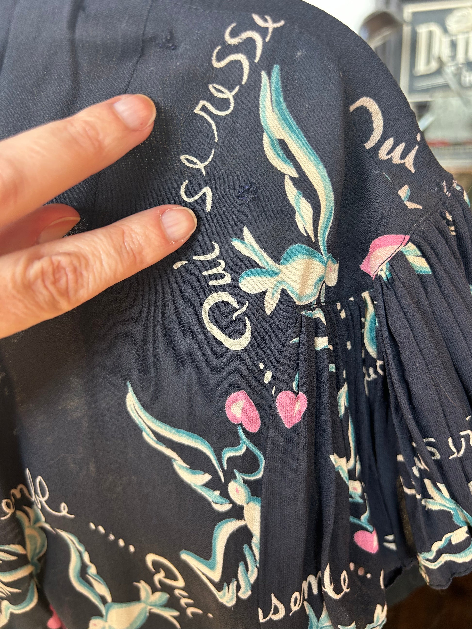 1940s French Love Birds Novelty Print Silk Dress - Small