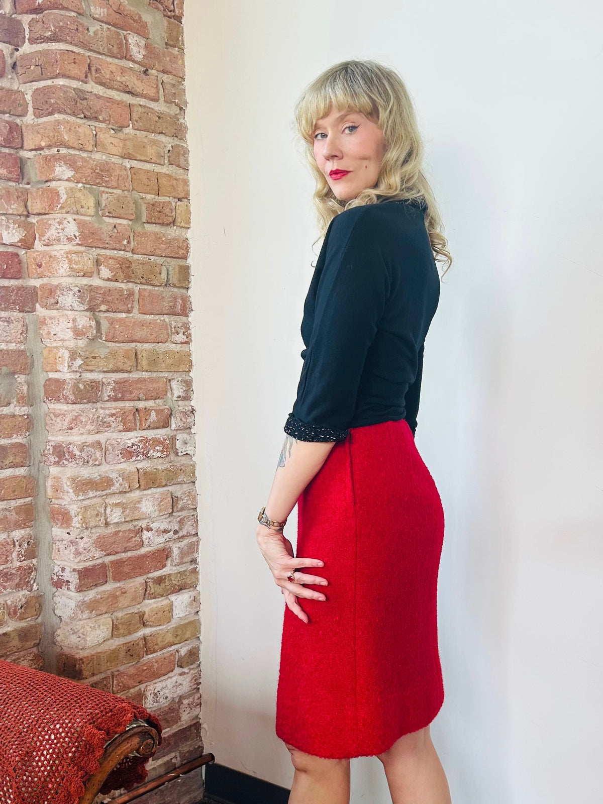 1950s Red Boucle & Mink Suit - Small