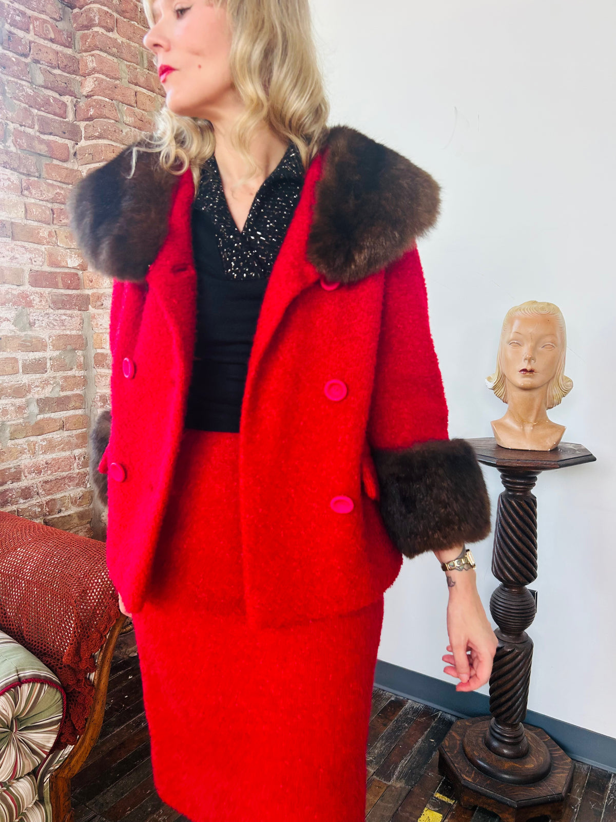 1950s Red Boucle & Mink Suit - Small