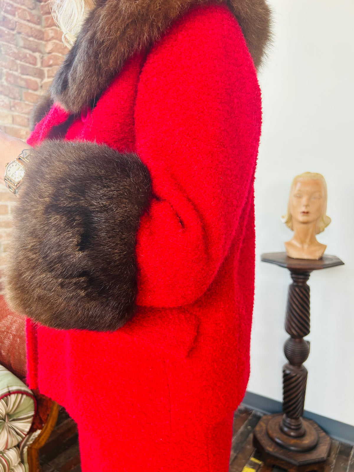 1950s Red Boucle & Mink Suit - Small