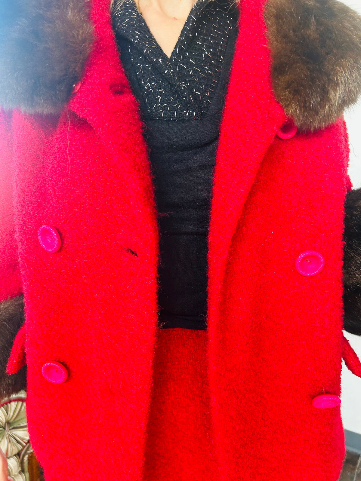 1950s Red Boucle & Mink Suit - Small