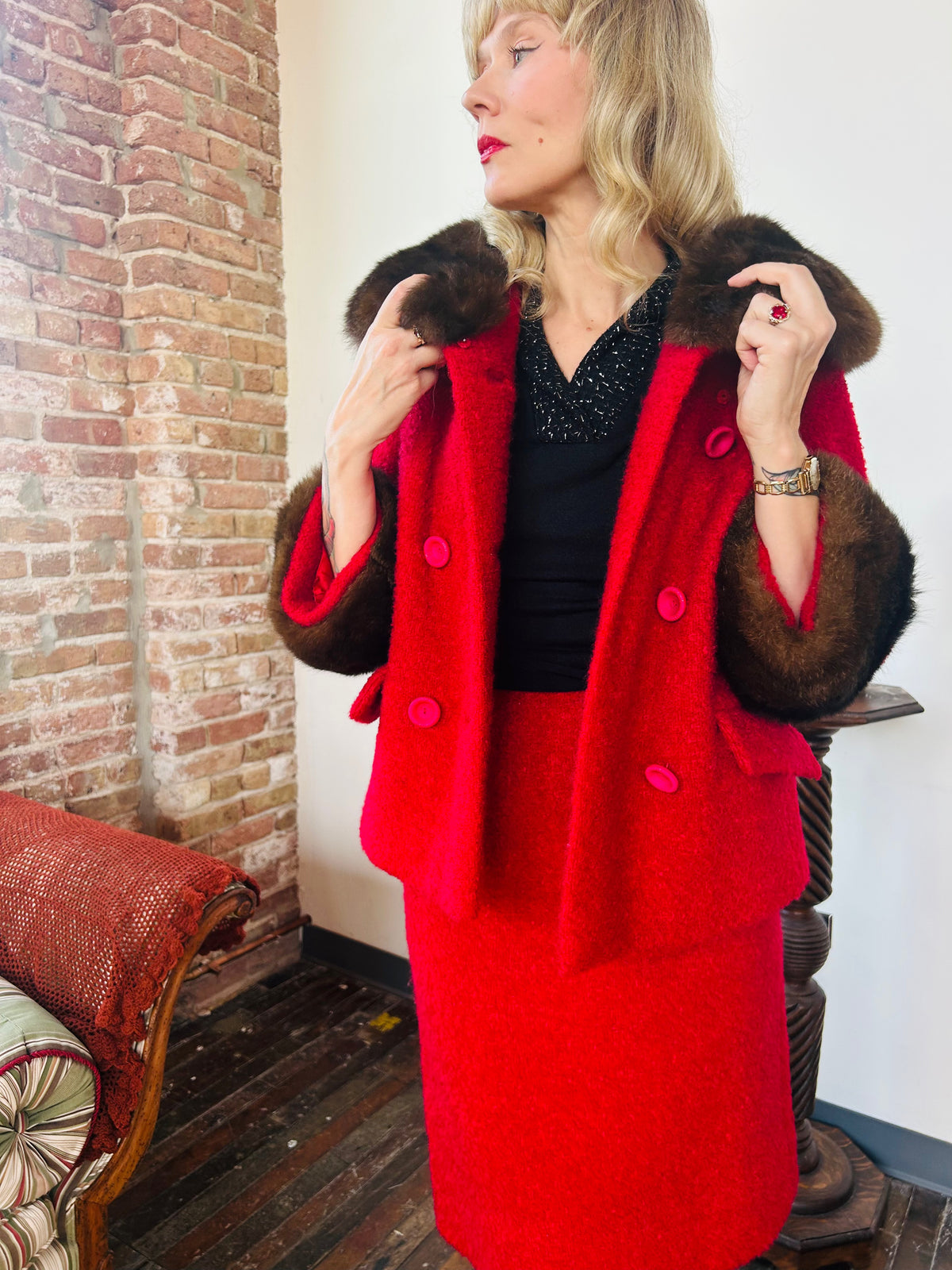 1950s Red Boucle & Mink Suit - Small