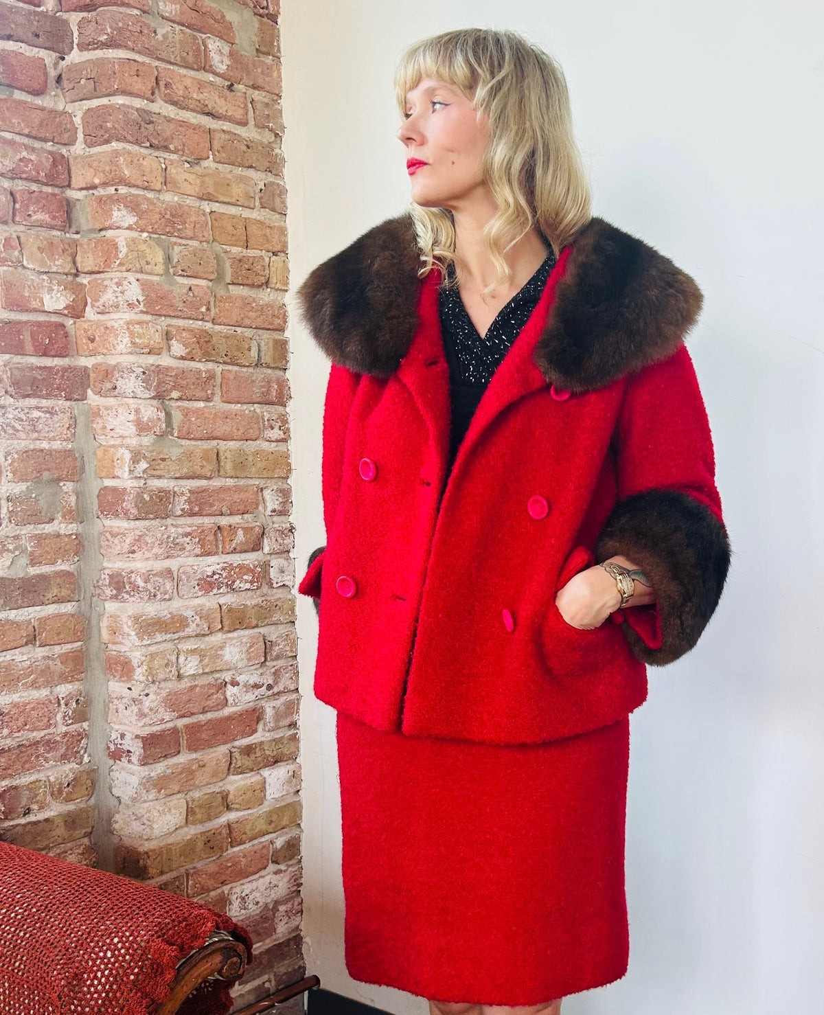 1950s Red Boucle & Mink Suit - Small