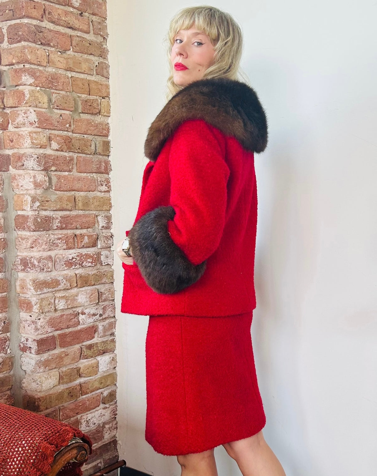 1950s Red Boucle & Mink Suit - Small