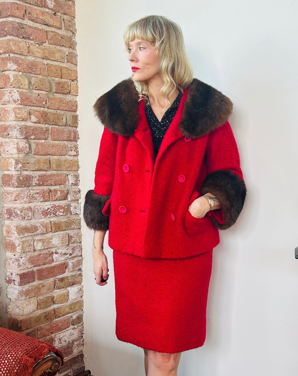 1950s Red Boucle & Mink Suit - Small