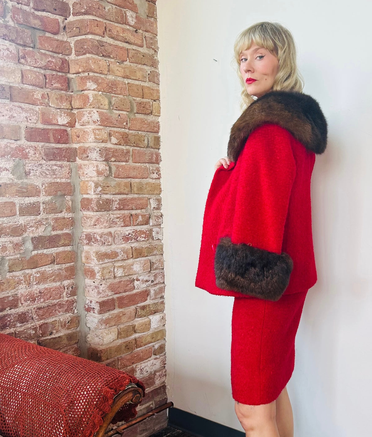 1950s Red Boucle & Mink Suit - Small