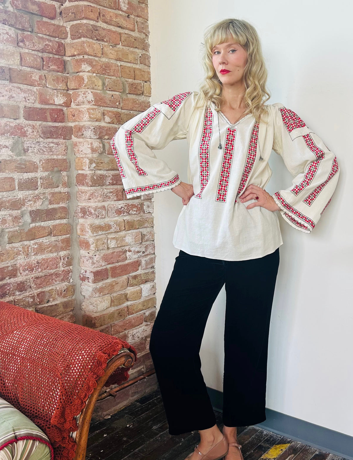 1920s Ukrainian Embroidered Folk Blouse - Medium