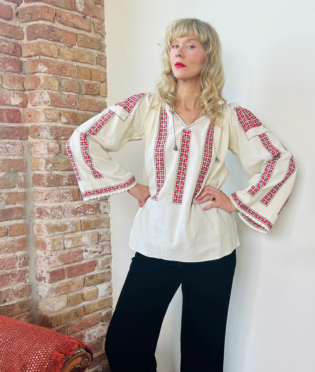 1920s Ukrainian Embroidered Folk Blouse - Medium