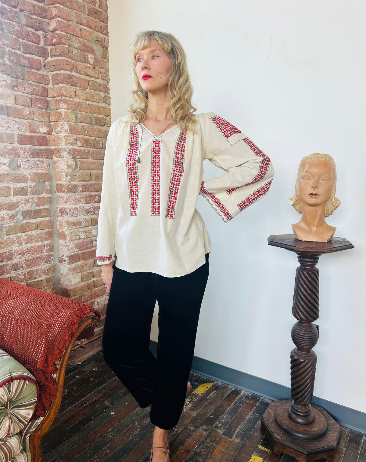 1920s Ukrainian Embroidered Folk Blouse - Medium