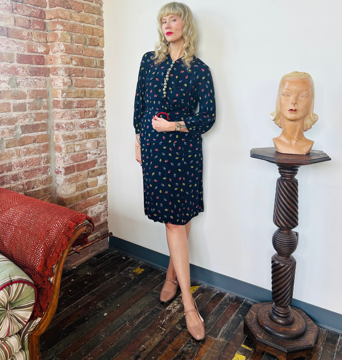 1930s Rayon Bright Geometric Print Dagger Collar Dress - Medium