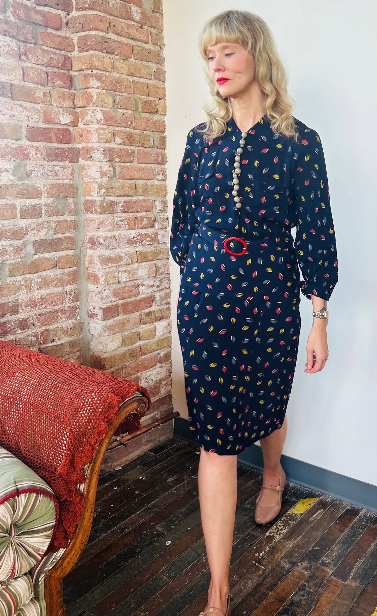 1930s Rayon Bright Geometric Print Dagger Collar Dress - Medium